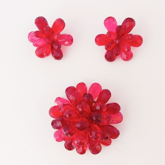Flower Brooch Earrings Set Vintage Red Pink West Germany Lucite Mid-century - Picture 1 of 11